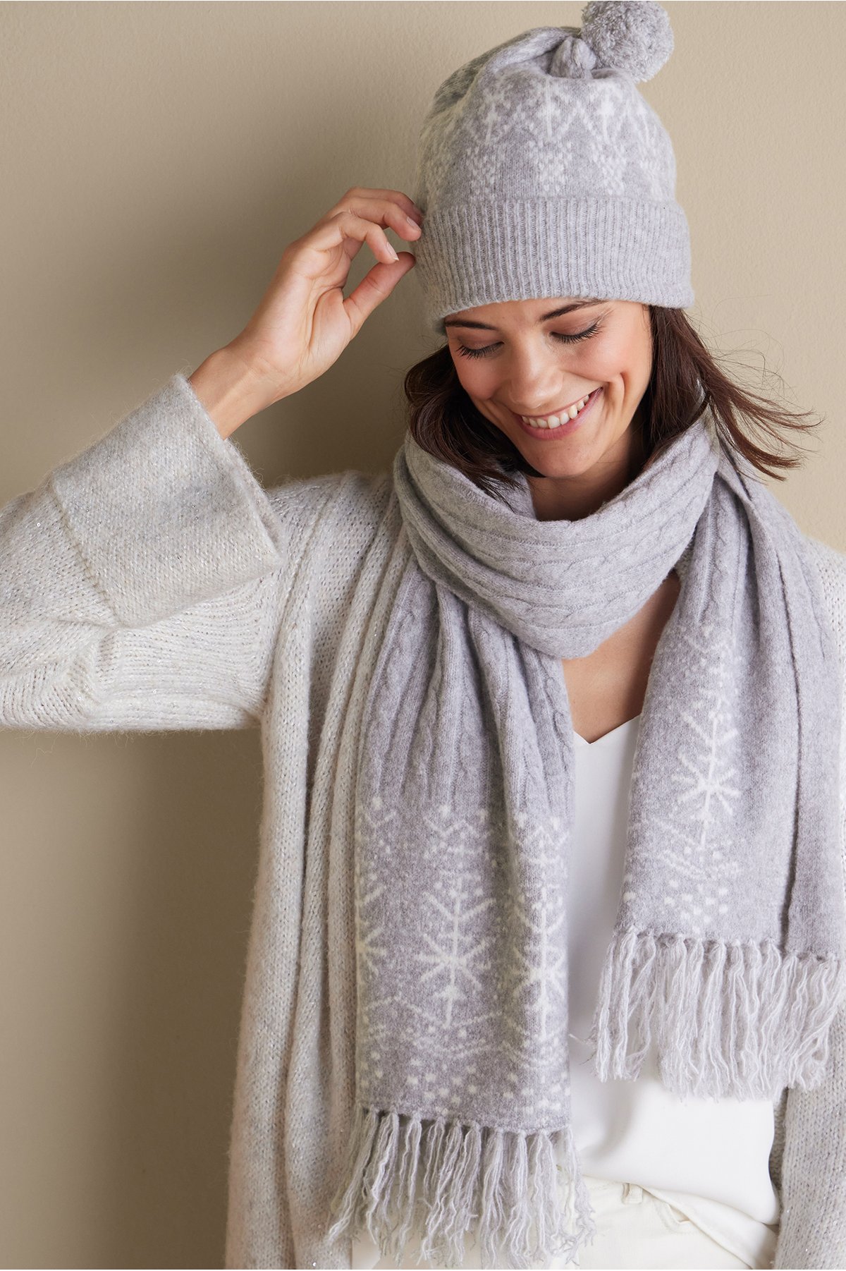 Falala Jacquard Hat & Scarf Set by Soft Surroundings, in Heather Grey/White size One Size