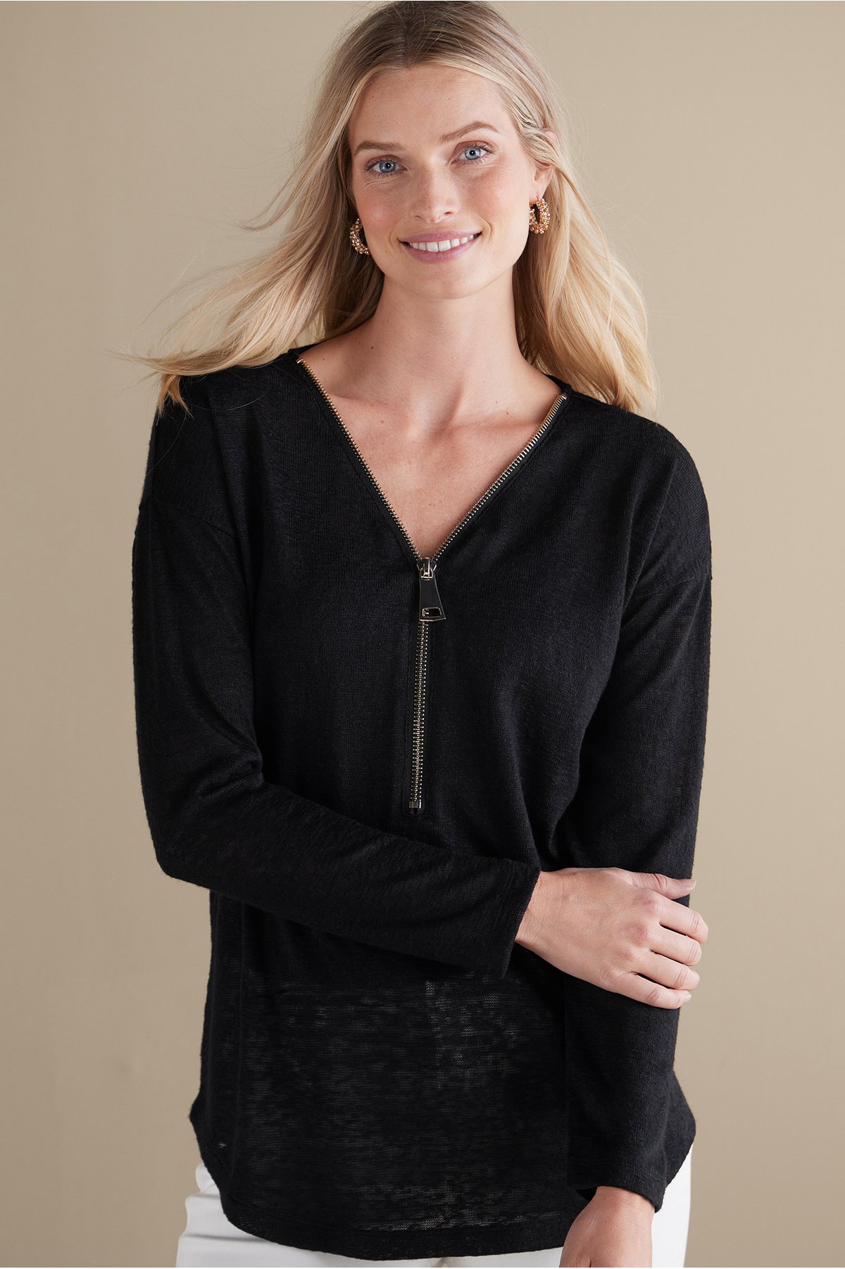 Women's Valentina Zip Sweater by Soft Surroundings, in Black size M (10-12)