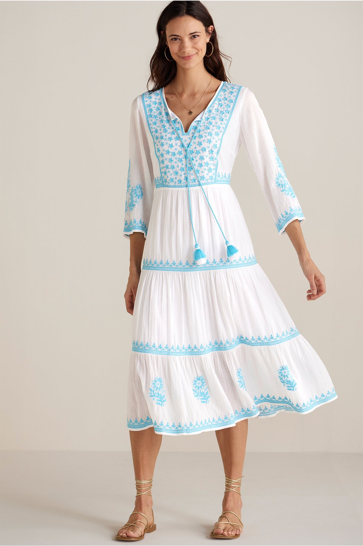 Juniper Dress Embroidered Gauze Tasseled Dress Soft Surroundings
