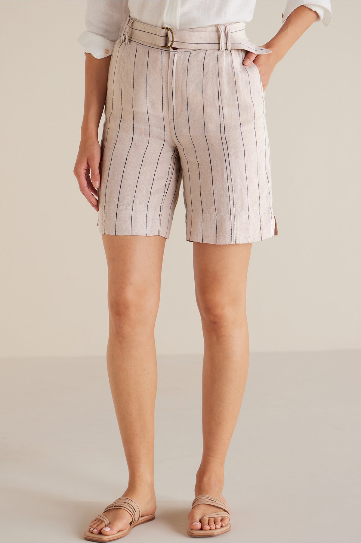 Women's Montecito Linen Shorts by Soft Surroundings, in Navy Tan Stripe size 1X (18-20)