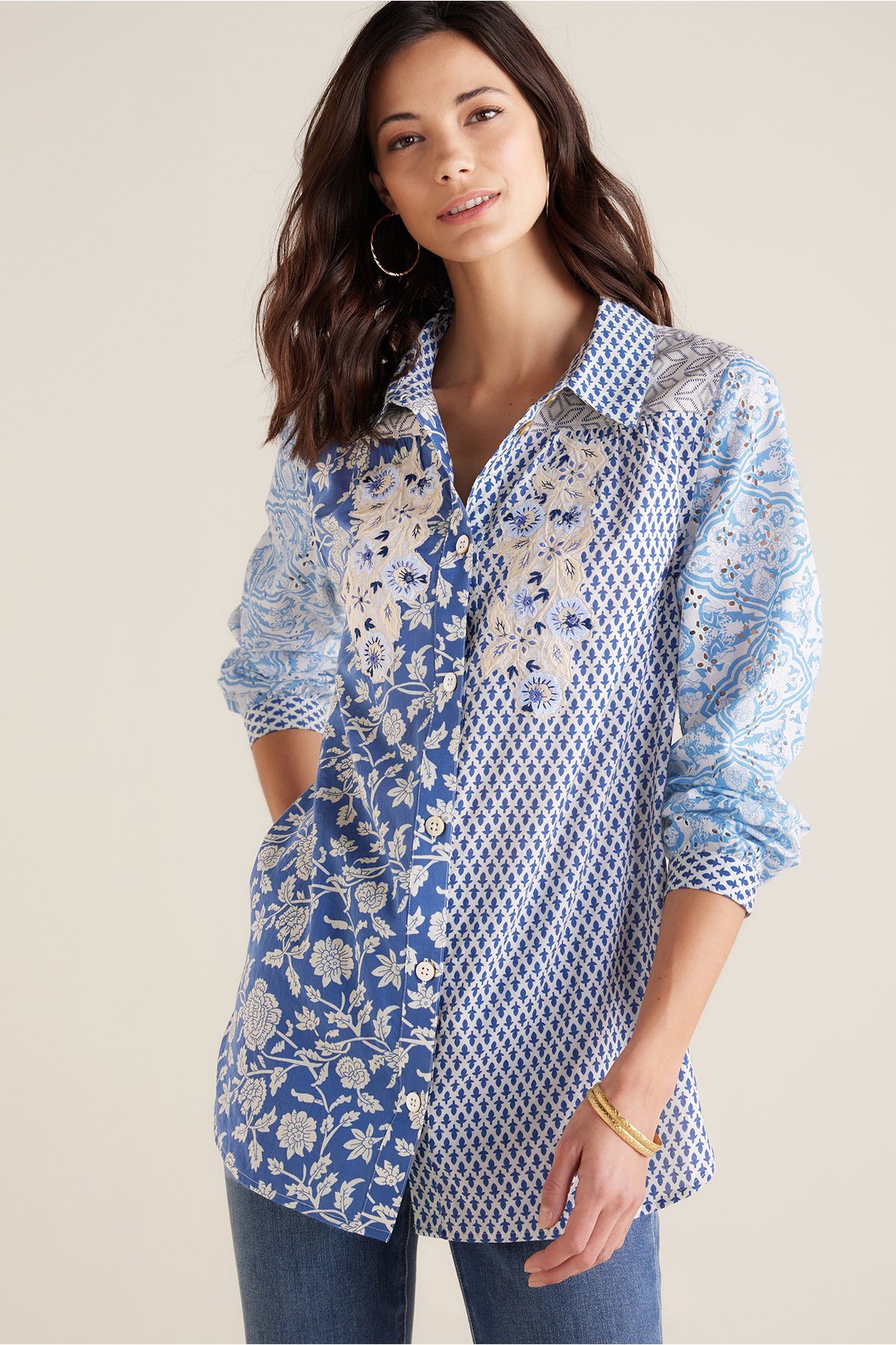Capelle Shirt - Mixed Print Embroidered Shirt | Soft Surroundings