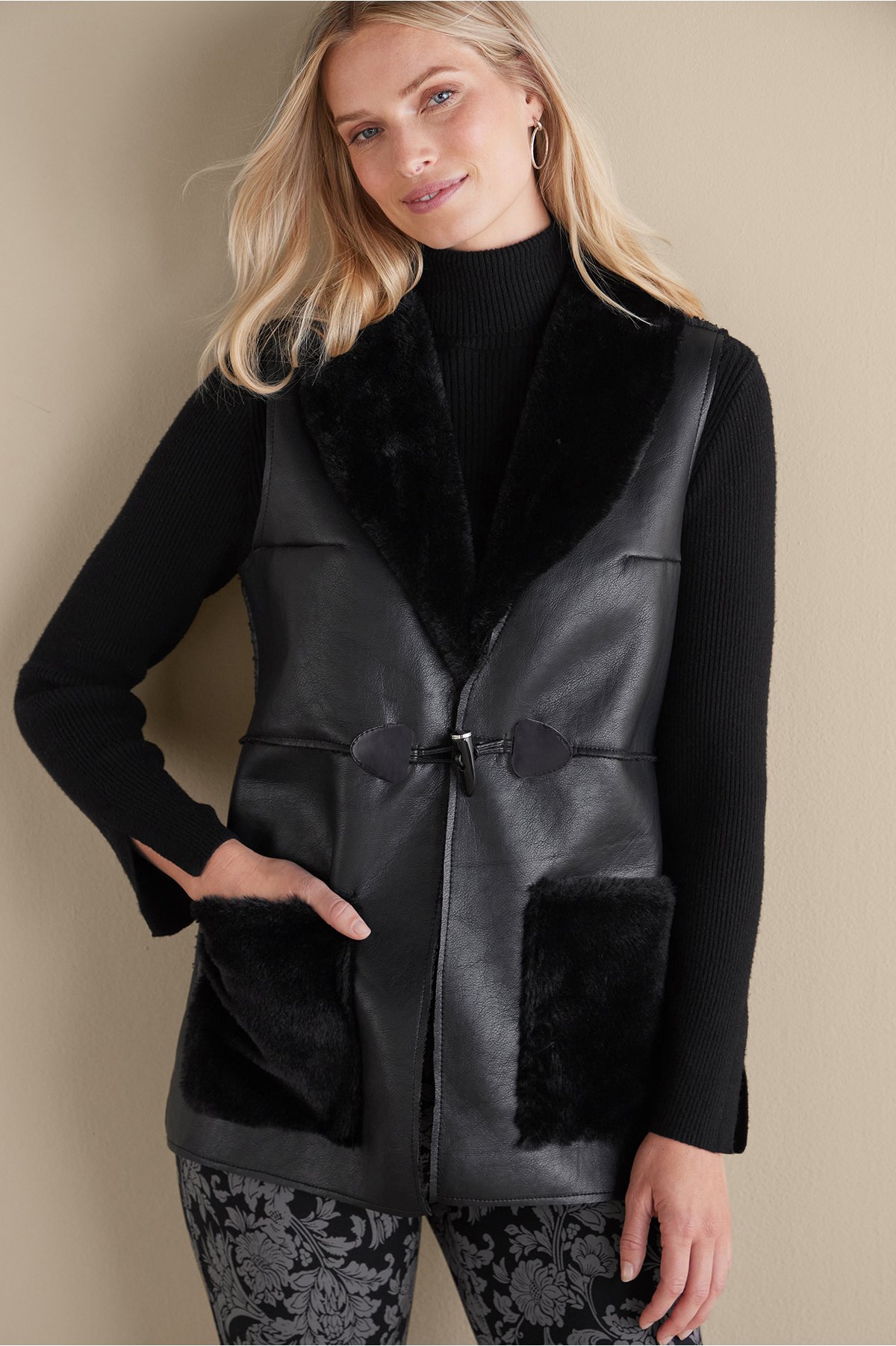 Women's Zeva Faux Leather Shearling Vest by Soft Surroundings, in Black size S (6-8)