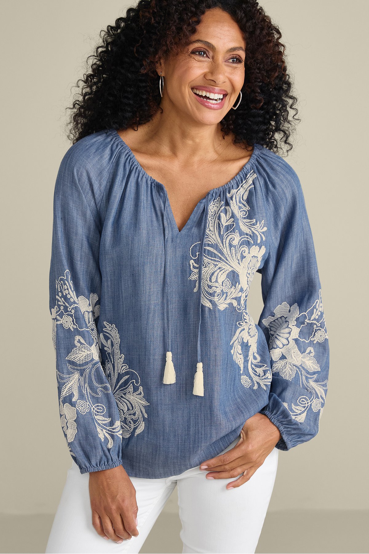 Diya Embroidered Tencel™ Peasant Top - Drapey Embroidered Peasant Top ...