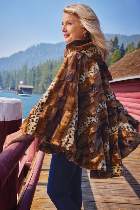 Faux Fur Poncho with Removable Hood