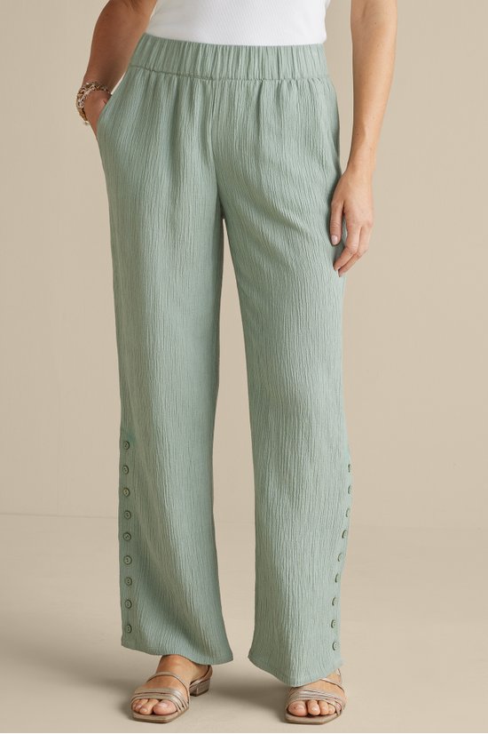 Soft Surroundings 100% Silk Pants Women M Sage Green Pull On Wide Leg Medium